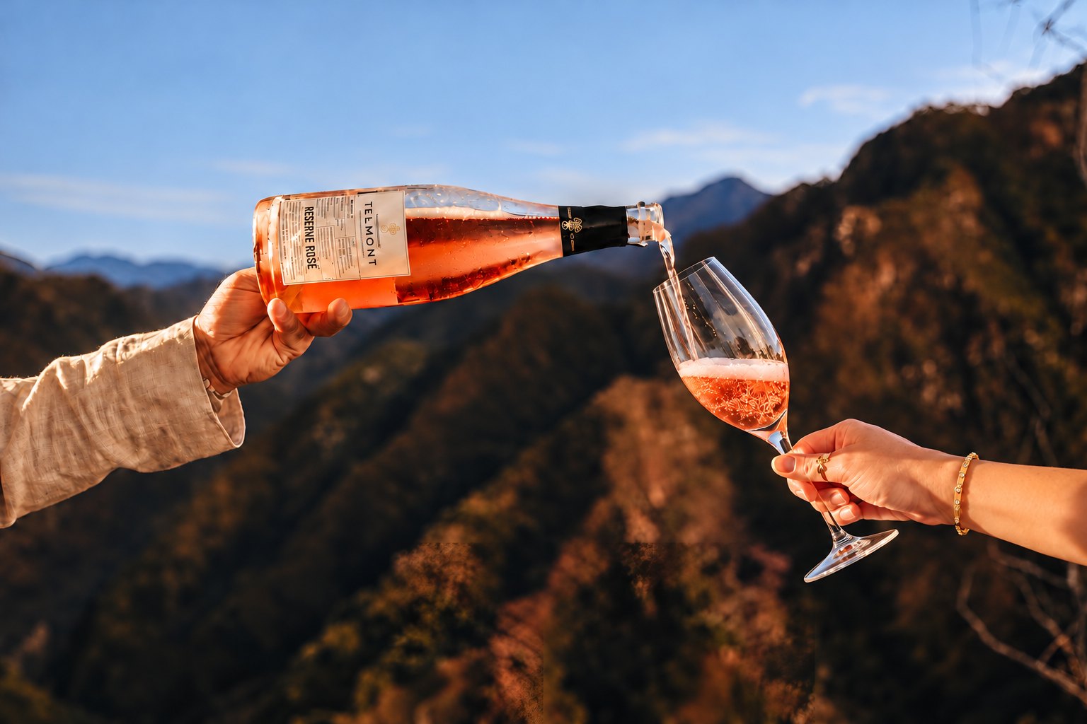 Una mano sirve champaña rosado en una copa, con montañas y cielo azul al fondo