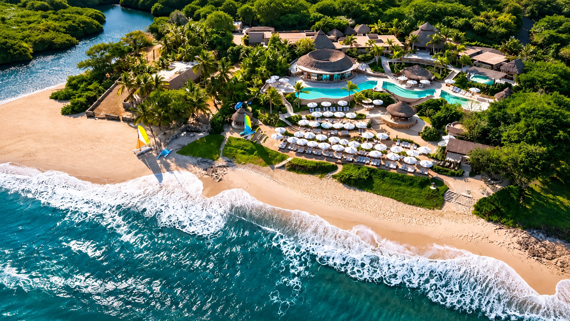 Vista aérea de Kupuri Beach Club en Punta Mita: palapas, albercas y sombrillas blancas frente a la playa y el oleaje